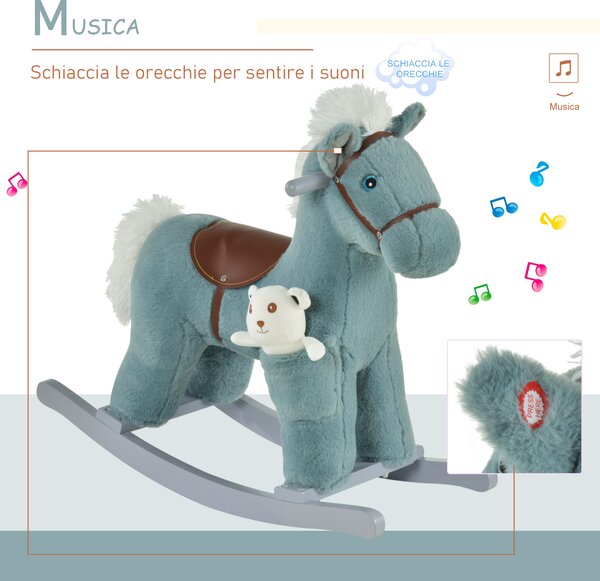 HOMCOM Cavallo a Dondolo in Peluche e Legno con Suoni e Orsetto Incluso, per Bimbi da 18-36 Mesi, 65x26x55cm, Blu|Aosom