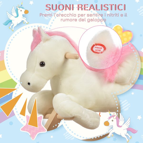 HOMCOM Cavallo a Dondolo Bianco e Rosa con Suoni e Struttura in Legno di Pioppo per Bambini 18-36 Mesi, 70x28x57cm|Aosom