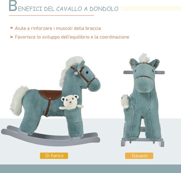 HOMCOM Cavallo a Dondolo in Peluche e Legno con Suoni e Orsetto Incluso, per Bimbi da 18-36 Mesi, 65x26x55cm, Blu|Aosom