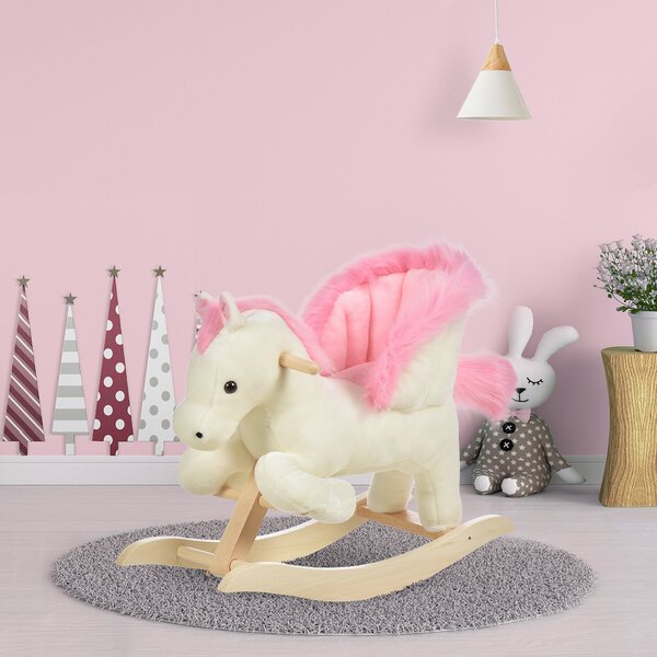HOMCOM Cavallo a Dondolo Bianco e Rosa con Suoni e Struttura in Legno di Pioppo per Bambini 18-36 Mesi, 70x28x57cm|Aosom