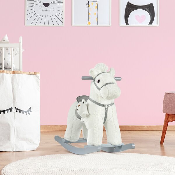 HOMCOM Cavallo a Dondolo in Peluche e Legno con Suoni e Orsetto Incluso, per Bimbi da 18-36 Mesi, 65x26x55cm, Bianco|Aosom