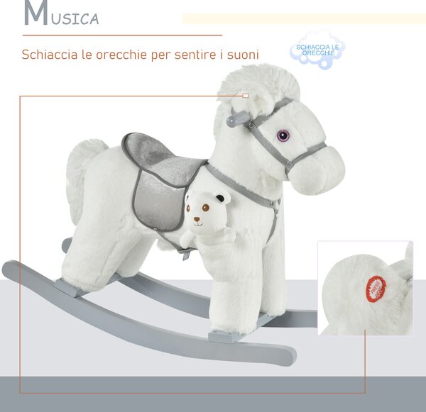 HOMCOM Cavallo a Dondolo in Peluche e Legno con Suoni e Orsetto Incluso, per Bimbi da 18-36 Mesi, 65x26x55cm, Bianco|Aosom