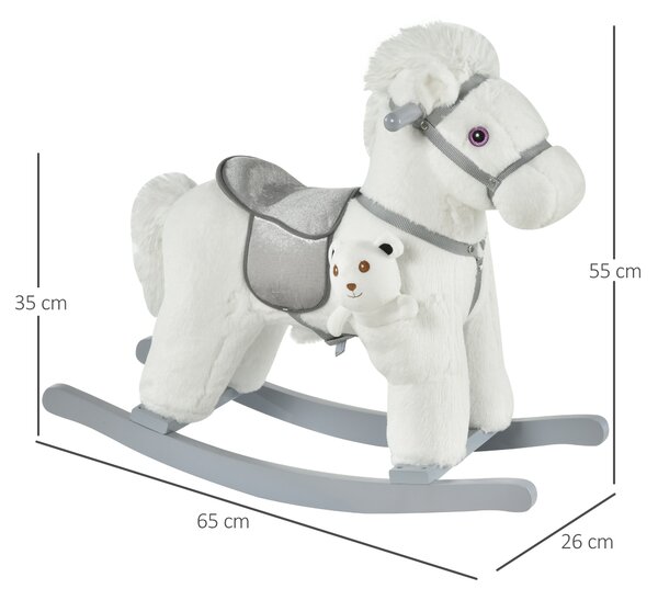 HOMCOM Cavallo a Dondolo in Peluche e Legno con Suoni e Orsetto Incluso, per Bimbi da 18-36 Mesi, 65x26x55cm, Bianco|Aosom
