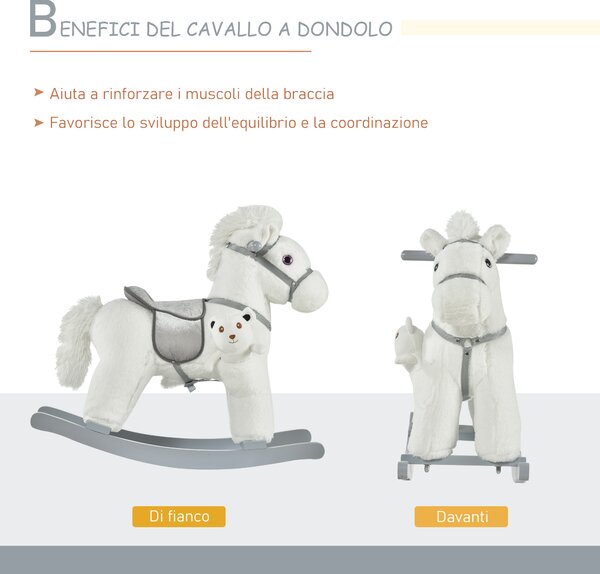 HOMCOM Cavallo a Dondolo in Peluche e Legno con Suoni e Orsetto Incluso, per Bimbi da 18-36 Mesi, 65x26x55cm, Bianco|Aosom