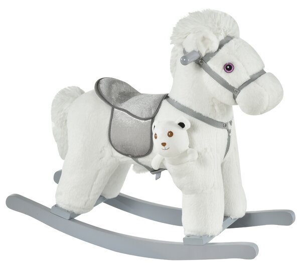 HOMCOM Cavallo a Dondolo in Peluche e Legno con Suoni e Orsetto Incluso, per Bimbi da 18-36 Mesi, 65x26x55cm, Bianco|Aosom