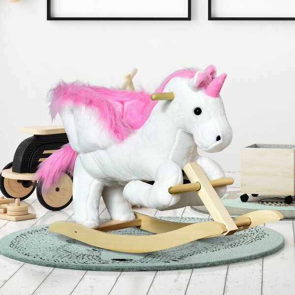 HOMCOM Cavallo a Dondolo a Forma di Unicorno con Musica, Struttura in Metallo e Legno, Rivestimento Peluche, 65x32x55cm, Bianco Rosa|Aosom