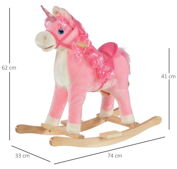 HOMCOM Cavallo a Dondolo per Bambini 36-72 Mesi, Unicorno a Dondolo con Suoni in Legno e Peluche Rosa, 74x33x62cm|Aosom