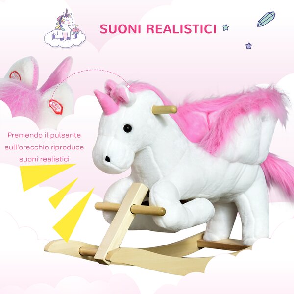 HOMCOM Cavallo a Dondolo a Forma di Unicorno con Musica, Struttura in Metallo e Legno, Rivestimento Peluche, 65x32x55cm, Bianco Rosa|Aosom