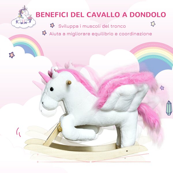 HOMCOM Cavallo a Dondolo a Forma di Unicorno con Musica, Struttura in Metallo e Legno, Rivestimento Peluche, 65x32x55cm, Bianco Rosa|Aosom