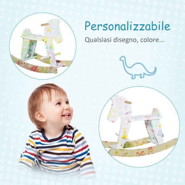 HOMCOM Cavallo a Dondolo per Bambini 1-3 Anni, Design Classico in Legno con Maniglie e Poggiapiedi, 68x26.5x48cm, Bianco|Aosom