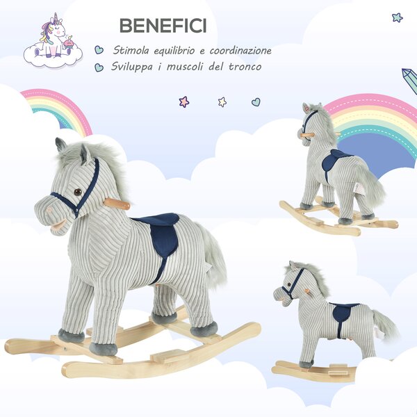 HOMCOM Cavallo a Dondolo in Peluche, Grigio, con Suoni, Gioco Affascinante per Bambini 3-6 Anni, 73x35x64cm|Aosom