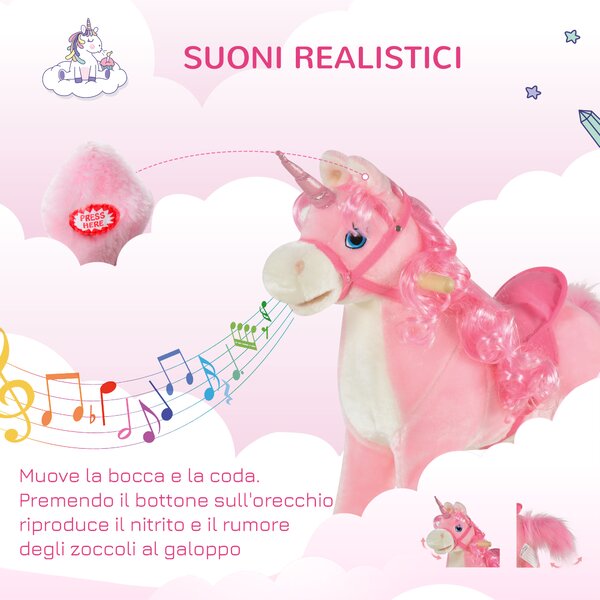 HOMCOM Cavallo a Dondolo per Bambini 36-72 Mesi, Unicorno a Dondolo con Suoni in Legno e Peluche Rosa, 74x33x62cm|Aosom