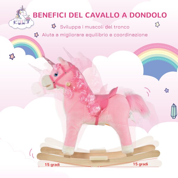 HOMCOM Cavallo a Dondolo per Bambini 36-72 Mesi, Unicorno a Dondolo con Suoni in Legno e Peluche Rosa, 74x33x62cm|Aosom