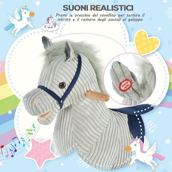 HOMCOM Cavallo a Dondolo in Peluche, Grigio, con Suoni, Gioco Affascinante per Bambini 3-6 Anni, 73x35x64cm|Aosom