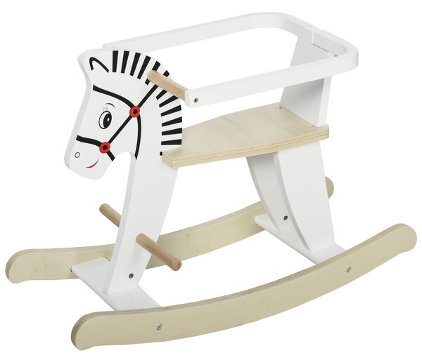 HOMCOM Cavallo a Dondolo Classico in Legno per Bambini 1-3 Anni con Bordo, Maniglie e Poggiapiedi, 68x26.5x48cm, Bianco|Aosom