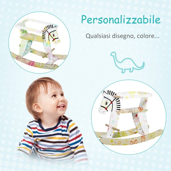HOMCOM Cavallo a Dondolo Classico in Legno per Bambini 1-3 Anni con Bordo, Maniglie e Poggiapiedi, 68x26.5x48cm, Bianco|Aosom