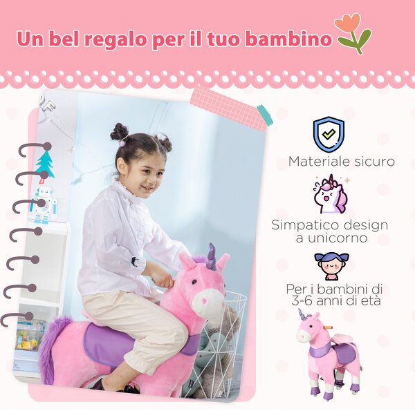 HOMCOM Cavallo a Dondolo con Ruote a Forma di Unicorno per Bambini da 3-6 Anni, 70x32x87cm, Rosa|Aosom