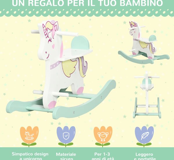 AIYAPLAY Cavallo a Dondolo per Bambini 1-3 Anni con Maniglie, Schienale e Pedali in MDF, 68L x 27P x 47.5A cm, Blu Rosa Bianco|Aosom