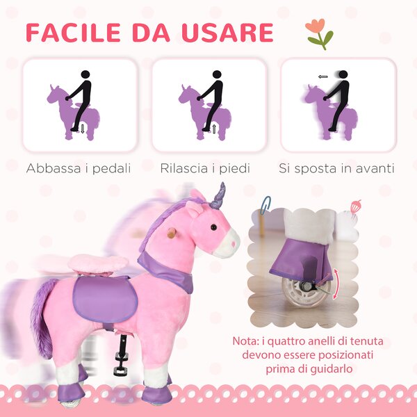HOMCOM Cavallo a Dondolo con Ruote a Forma di Unicorno per Bambini da 3-6 Anni, 70x32x87cm, Rosa|Aosom