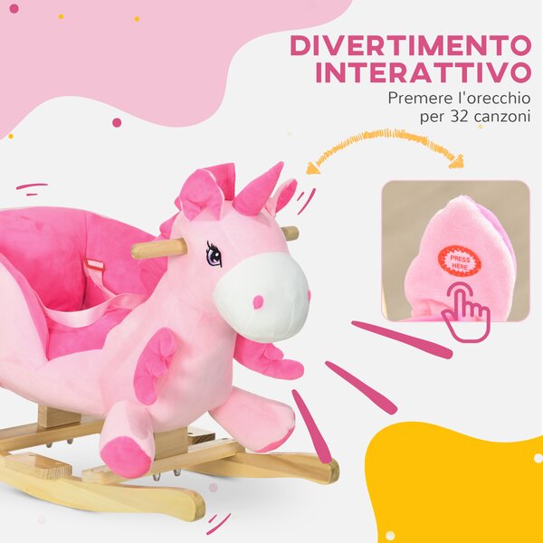 HOMCOM Cavallo a Dondolo Unicorno con 32 Canzoni, Base in Legno e Cintura di Sicurezza, Età 18-36 Mesi, Rosa|Aosom
