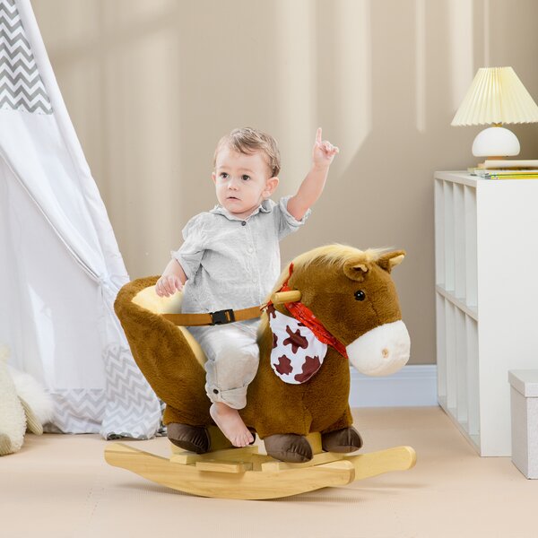 HOMCOM Cavallo a Dondolo per Bambini da 18-36 Mesi con Suoni Realistici, 60x33x50 cm, Marrone e color Legno|Aosom