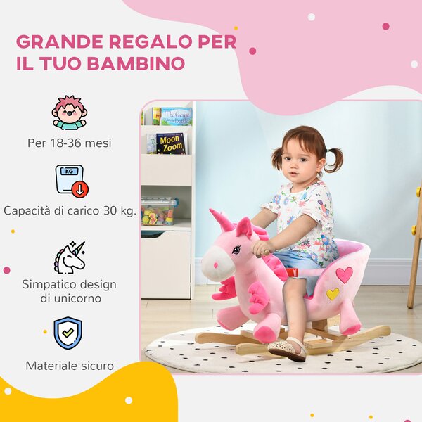 HOMCOM Cavallo a Dondolo Unicorno con 32 Canzoni, Base in Legno e Cintura di Sicurezza, Età 18-36 Mesi, Rosa|Aosom