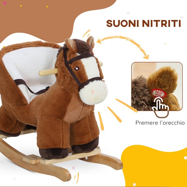 AIYAPLAY Cavallo a Dondolo per Bambini 18-36 Mesi con Suoni, Base in Legno e Cintura di Sicurezza, Marrone