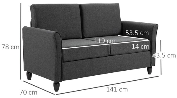 HOMCOM Divano a 2 Posti Seduta Ampia con Cuscini da Salotto Lino, Spugna 141 x 70 x 78cm Grigio scuro, Nero|Aosom