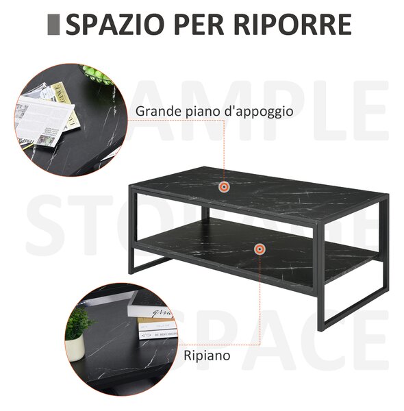 HOMCOM Tavolino da Salotto da Caffè moderno con scaffale in pannello truciolare acciaio per soggirno ufficio nero|Aosom