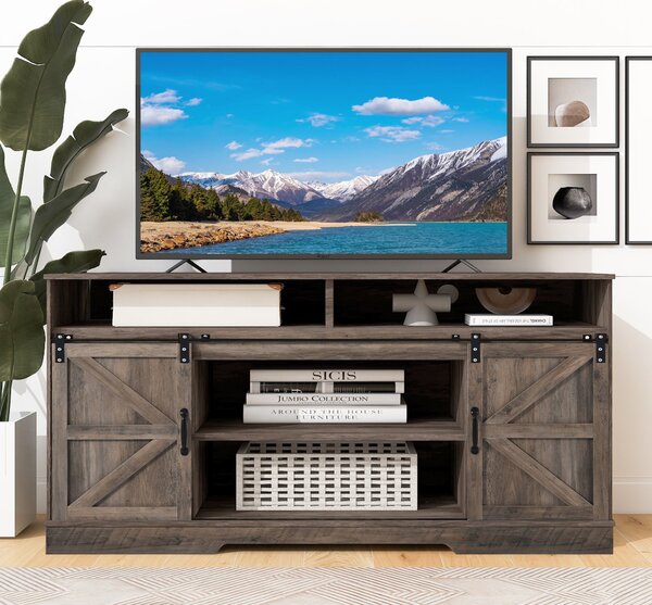 Mobiletto Porta TV in Stile Fattoria con Ante Scorrevoli e Ripiani Regolabili, per Soggiorno e Sala da Pranzo, 150x40x81,5 cm, Grigio