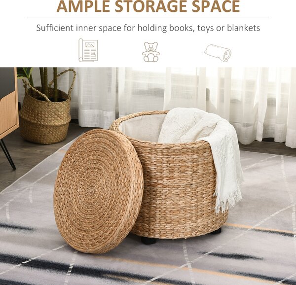 HOMCOM Pouf Contenitore Tondo con Rivestimento Rattan Lepironia, Sgabello Poggiapiedi Tavolino da Salotto con Coperchio, Ф43x43cm, Kaki