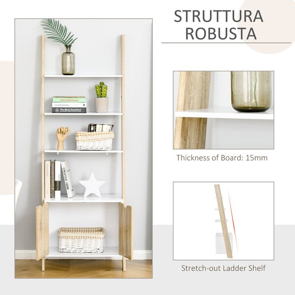HOMCOM Mobile Libreria a Scala con 3 Mensole e Armadietto, Scaffale Moderno Stile Nordico in Legno, 60x40x171cm, Rovere e Bianco|Aosom