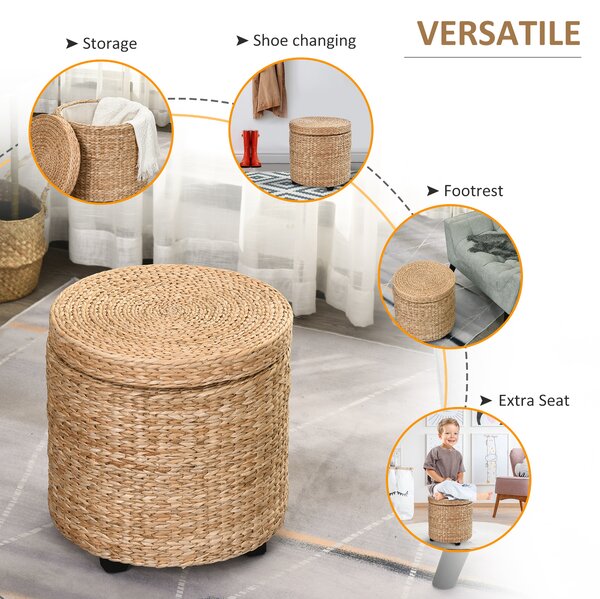 HOMCOM Pouf Contenitore Tondo con Rivestimento Rattan Lepironia, Sgabello Poggiapiedi Tavolino da Salotto con Coperchio, Ф43x43cm, Kaki
