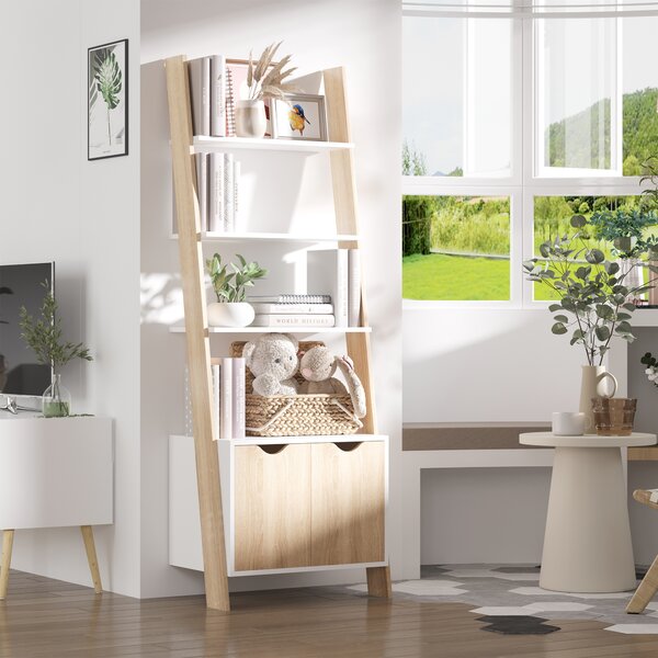 HOMCOM Mobile Libreria a Scala con 3 Mensole e Armadietto, Scaffale Moderno Stile Nordico in Legno, 60x40x171cm, Rovere e Bianco|Aosom