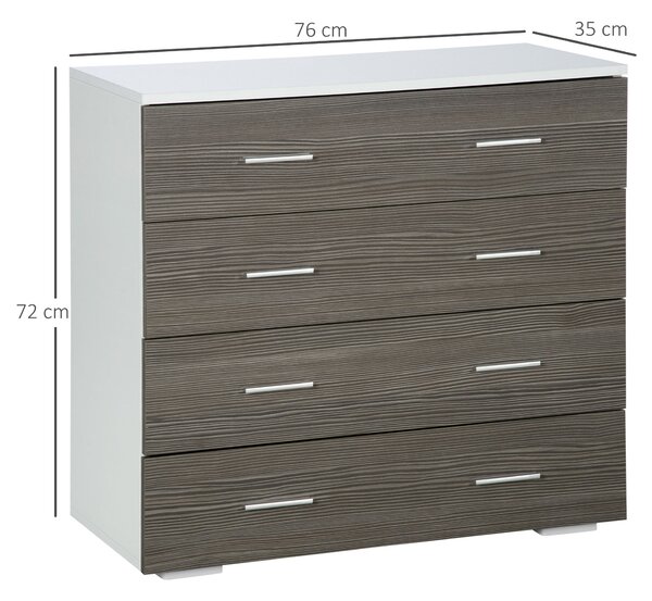 HOMCOM Cassettiera Moderna 4 Cassetti con Maniglie in Alluminio e Struttura in Legno, 76x35x72cm, Bianco e Grigio|Aosom