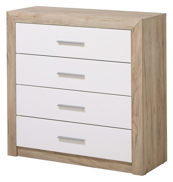 Cassettiera 4 Cassetti 93x35x90,5 cm in Legno Laminato Effetto Quercia e Bianco Lucido