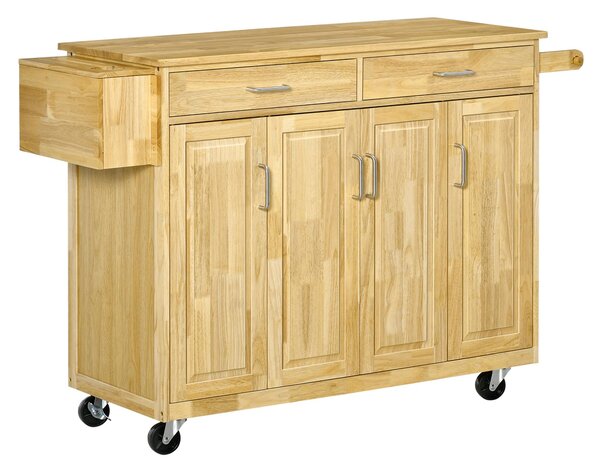 Carrello da Cucina 2 Cassetti 4 Ante 136x47x91,5 cm con Ruote in Legno Naturale
