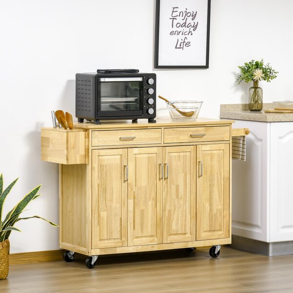 Carrello da Cucina 2 Cassetti 4 Ante 136x47x91,5 cm con Ruote in Legno Naturale
