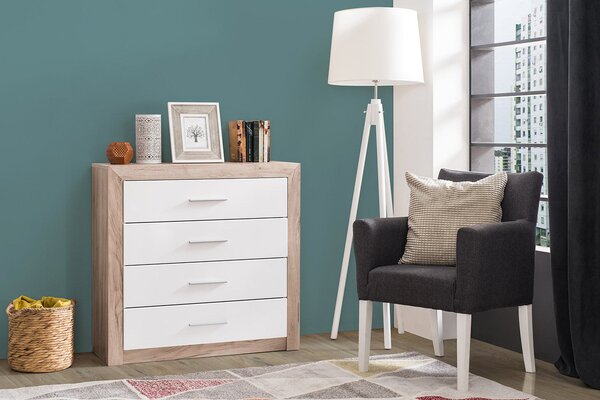 Cassettiera 4 Cassetti 93x35x90,5 cm in Legno Laminato Effetto Quercia e Bianco Lucido