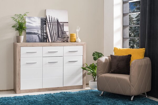 Credenza 3 Ante 3 Cassetti 133x35x90,5 cm in Legno Laminato Effetto Quercia e Bianco Lucido