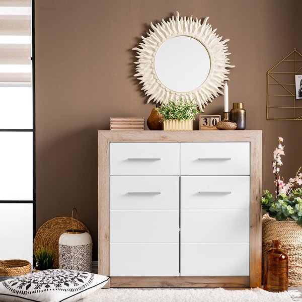 Credenza 2 Ante 2 Cassetti 93x35x90,5 cm in Legno Laminato Effetto Quercia e Bianco Lucido