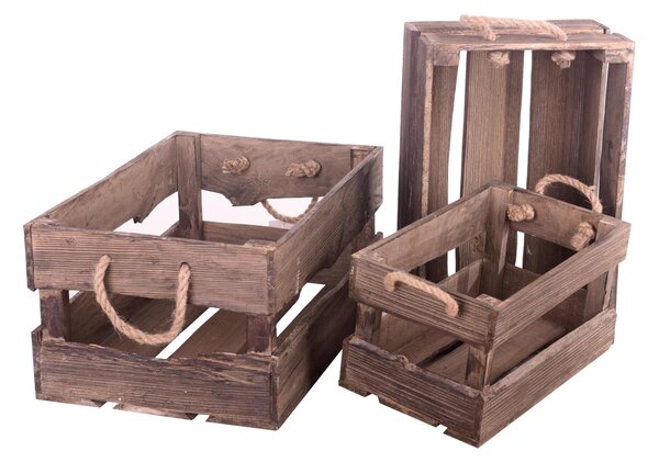 Set di 3 Cassetta in Legno con manici di corda