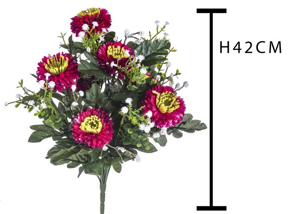 Set 4 Bouquet Artificiali di Aster Pon Pon Altezza 42 cm Marrone/Ciliegia/Bordeaux