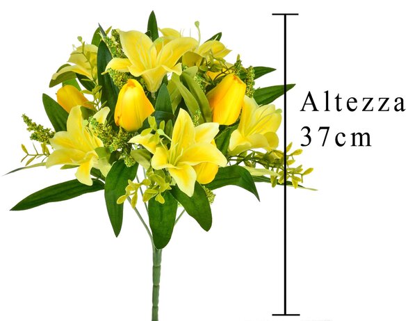 Set 4 Bouquet Artificiali di Tulipani Artificiali e Gigli Altezza 37 cm Giallo