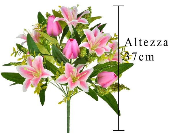 Set 4 Bouquet Artificiali di Tulipani Artificiali e Gigli Altezza 37 cm Rosa