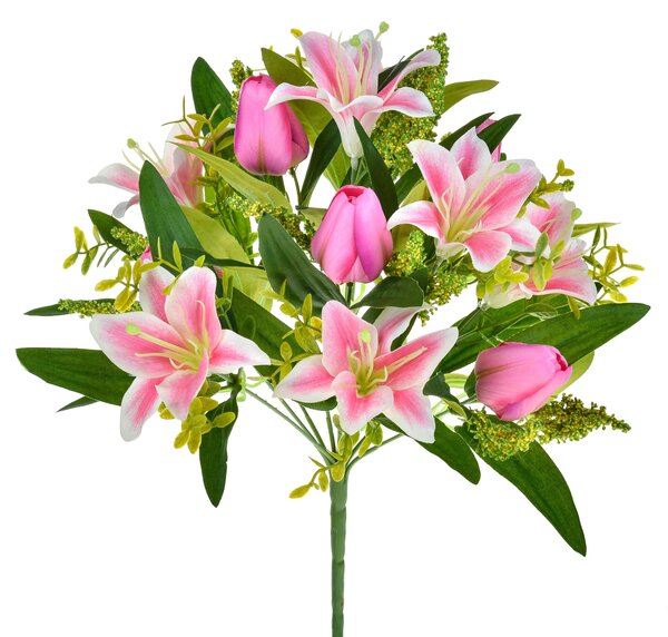 Set 4 Bouquet Artificiali di Tulipani Artificiali e Gigli Altezza 37 cm Rosa