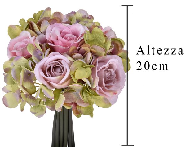 Set 3 Bouquet Artificiali Composto da 11 Fiori di Rose e Ortensie Altezza 20 cm Rosa