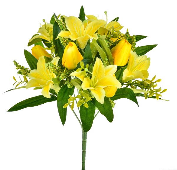 Set 4 Bouquet Artificiali di Tulipani Artificiali e Gigli Altezza 37 cm Giallo