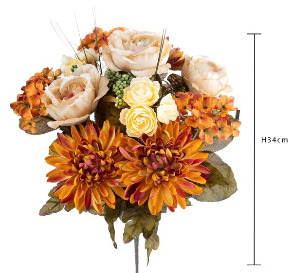 Bouquet Artificiale Composta da Rose e Dalie Altezza 34 cm Arancio