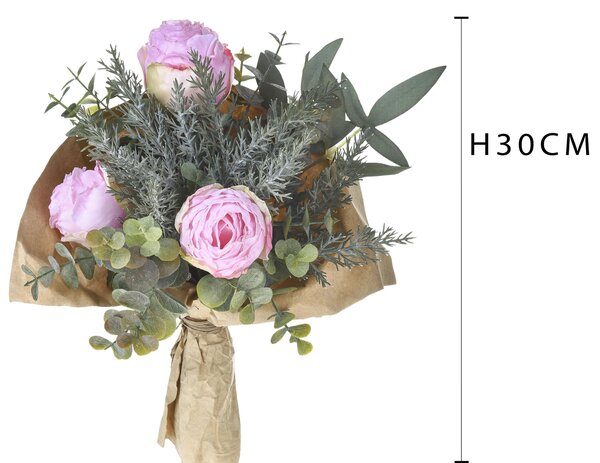 Set 2 Bouquet Artificiale Romantico con Rose Altezza 30 cm Rosa